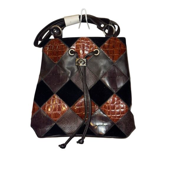 Avon Vintage Patchwork Drawstring Bucket Bag Brown Faux Leather Alligator Emboss - Picture 1 of 5